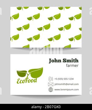 Organic natural food farmer business card. Banner with green leaf. Vector illustration Stock Vector