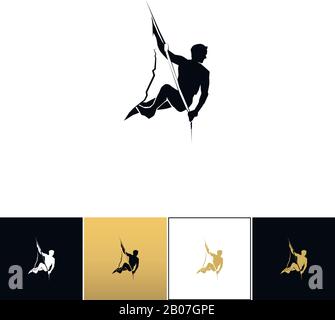 Rock climber logo or mountain climbing adventure silhouette vector icon. Rock climber logo or mountain climbing adventure silhouette program on black, white and gold background Stock Vector