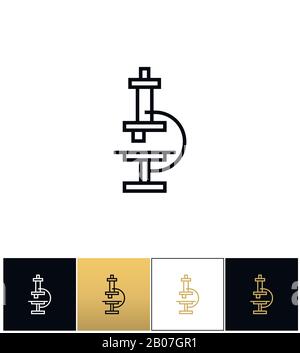 Microscope with enlarge lens vector icon. Microscope with enlarge lens pictograph on black, white and gold background Stock Vector