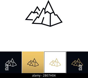 Rock logo or mountain stone linear vector icon. Rock logo or mountain stone linear program on black, white and gold background Stock Vector