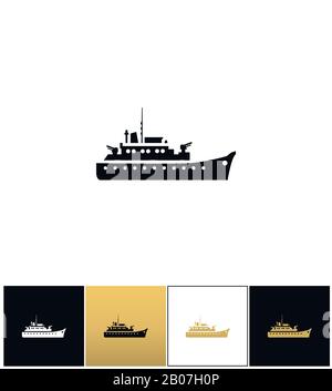 Navy military warship silhouette vector icon. Navy military warship silhouette pictograph on black, white and gold background Stock Vector