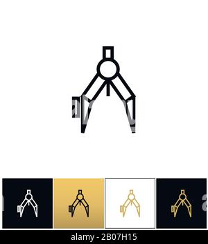 Compass or architect compasses vector icon. Compass or architect compasses pictograph on black, white and gold background Stock Vector