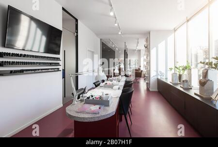 Pink and white style Interior of modern manicure salon Stock Photo