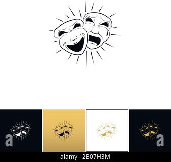 Theatrical comedy and tragedy masks vector icon. Theatrical comedy and tragedy masks program on black, white and gold background Stock Vector