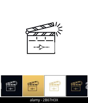 Film clapping clap board or clapperboard vector icon. Film clapping clap board or Clapperboard pictograph on black, white and gold background Stock Vector