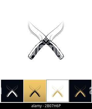 Hunting combat crossing knives vector icon. Hunting combat crossing knives pictograph on black, white and gold backgrounds Stock Vector