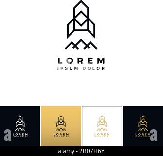 Rocket logo or triangular line rocket company vector icon. Rocket logo or triangular line rocket company program on black, white and gold background Stock Vector