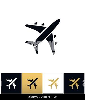 Black air plane silhouette vector icon. Black air plane silhouette pictograph on black, white and gold background Stock Vector