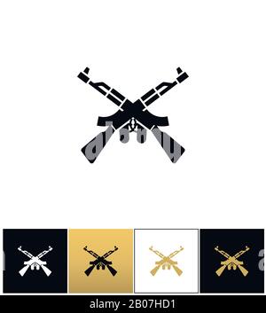 Crossed machine guns like kalashnikov ak47 vector icon. Crossed machine guns like kalashnikov ak47 pictograph on black, white and gold background Stock Vector