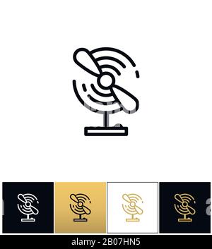 Portable electric fan line vector icon. Portable electric fan line pictograph on black, white and gold backgrounds Stock Vector