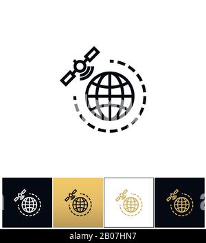 World gps satellite vector icon. World gps satellite pictograph on black, white and gold background Stock Vector