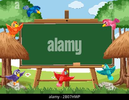 Blackboard template with colorful birds in the park illustration Stock ...
