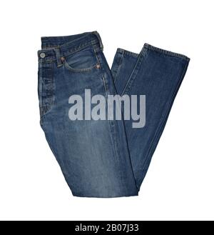 Set of Colorful shades of blue jeans trousers   isolated in style light jeans and dark jeans , Fashion trends of  denim jean pants, fashion concept Stock Photo
