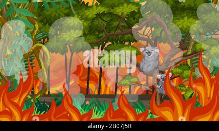 Scene with big wildfire in the forest  illustration Stock Vector