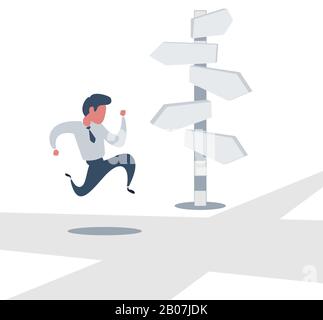 Businessman is looking at direction signs. Choices and decision concept. Stock Vector