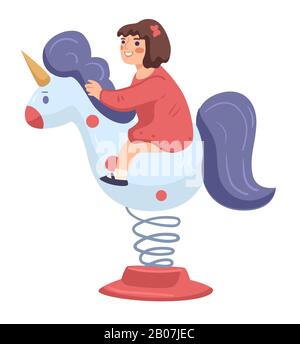 Girl riding horse or unicorn in amusement park Stock Vector