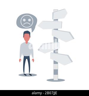Businessman is looking at direction signs. Choices and decision concept. Stock Vector