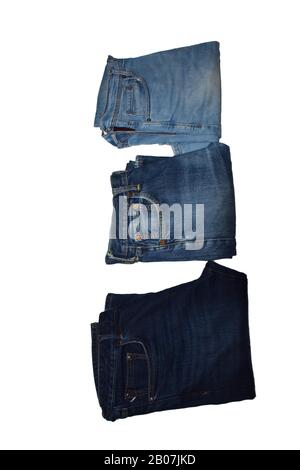 Set of Colorful shades of blue jeans trousers   isolated in style light jeans and dark jeans , Fashion trends of  denim jean pants, fashion concept Stock Photo