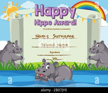 Certificate template for happy hippo award illustration Stock Vector