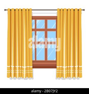 Curtains on window isolated icon, blinders or drapes with lace Stock Vector