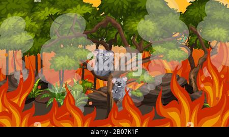 Scene with big wildfire and koalas trapped in the forest  illustration Stock Vector