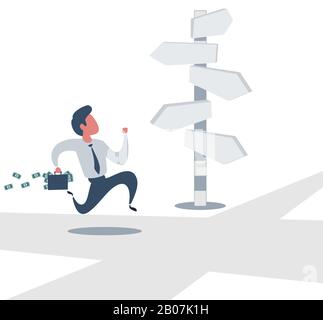 Businessman is looking at direction signs. Choices and decision concept. Stock Vector