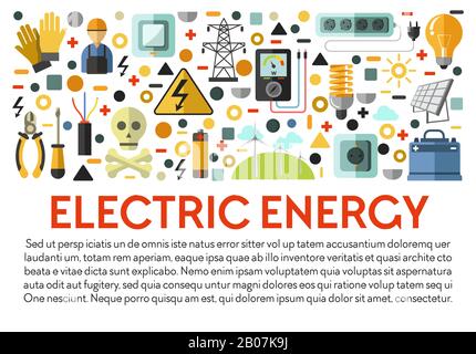 Electricity power generation, electric energy supply banner Stock Vector
