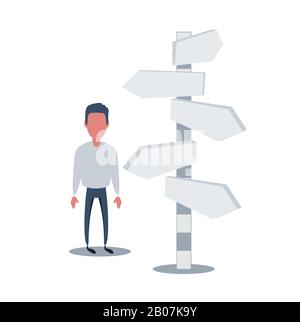 Businessman is looking at direction signs. Choices and decision concept. Stock Vector