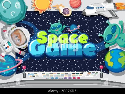 Poster design with aliens and astronaut in space illustration Stock Vector