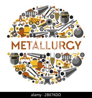 Metallurgy industry work themed icons collection set in circle Stock Vector