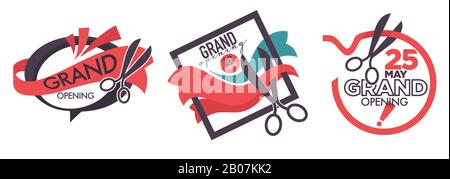 Open new logotype with scissors and cutting ribbon symbol in frame vector Stock Vector