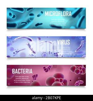 Microbiology and medical 3d ad design. Bacteria and viruses cell. Realistic Virus and bacteria microbe infection medical banners. vector illustration Stock Vector