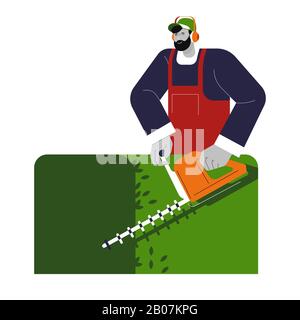 Gardener shaping or cutting bushes in garden, isolated character Stock Vector