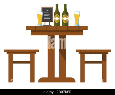 Pub or bar table with beer and chairs isolated icon Stock Vector