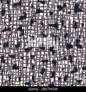 Abstract Monochrome Hand-Drawn Textile Weave Texture Cross Hatch with Overlayed Spots Vector Seamless Pattern Stock Vector