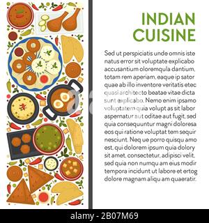 Indian cuisine banner template with traditional dishes icons top view Stock Vector