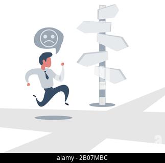 Businessman is looking at direction signs. Choices and decision concept. Stock Vector