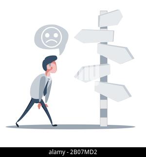 Businessman is looking at direction signs. Choices and decision concept. Stock Vector