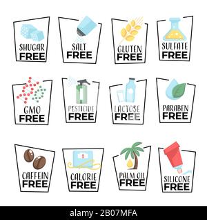 Products and food labels isolated icons, gmo or gluten free Stock Vector