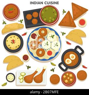 Indian cuisine, set of traditional asian food vector Stock Vector