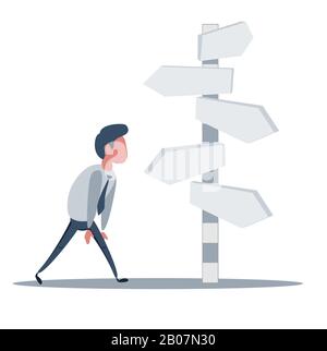 Businessman is looking at direction signs. Choices and decision concept. Stock Vector