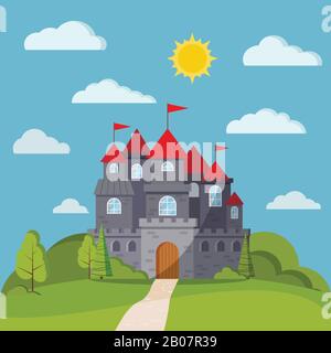 Cartoon flat style fairy tale background with grey stone castle tower. Stock Vector