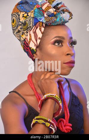 A beautiful bride rocking her African print attire Stock Photo