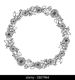 Floral frame. Spring blossom. Vector linear hand drawn illustration. Flowers in circle. Black and white doodle Stock Vector