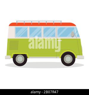Cartoon flat style retro van camper isolated on a white background. Vector illustration. Travel bus - transport icon. Stock Vector