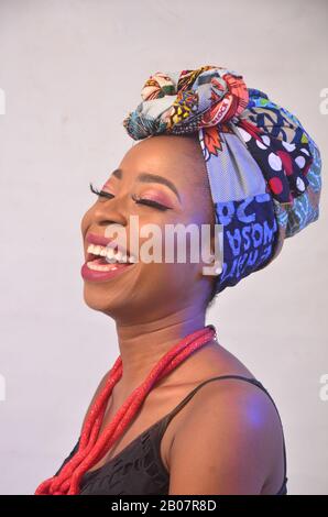 A beautiful bride rocking her African print attire Stock Photo