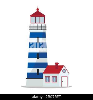 Vector blue and red lighthouse illustration, logo or label isolated on white background. Stock Vector
