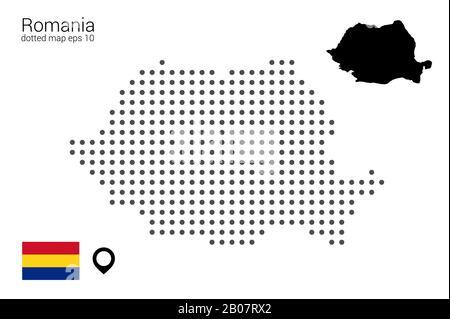 Map of Romania, vector drawing, dotted with flag and map marker. Illustration for design, web, infografrica, print, isolated on a removable white back Stock Vector