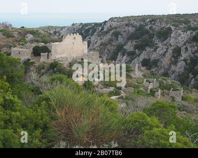 The ruined fortress/castle of Paleochora. Kythira's Byzantine capital built by Monemvasians in the 12th century and named the city of Agios Dimitrios. Stock Photo