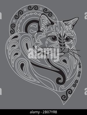 Monochrome abstract doodle ornamental portrait of ragdoll cat. Decorative vector illustration in white and black colors isolated on grey background. S Stock Vector